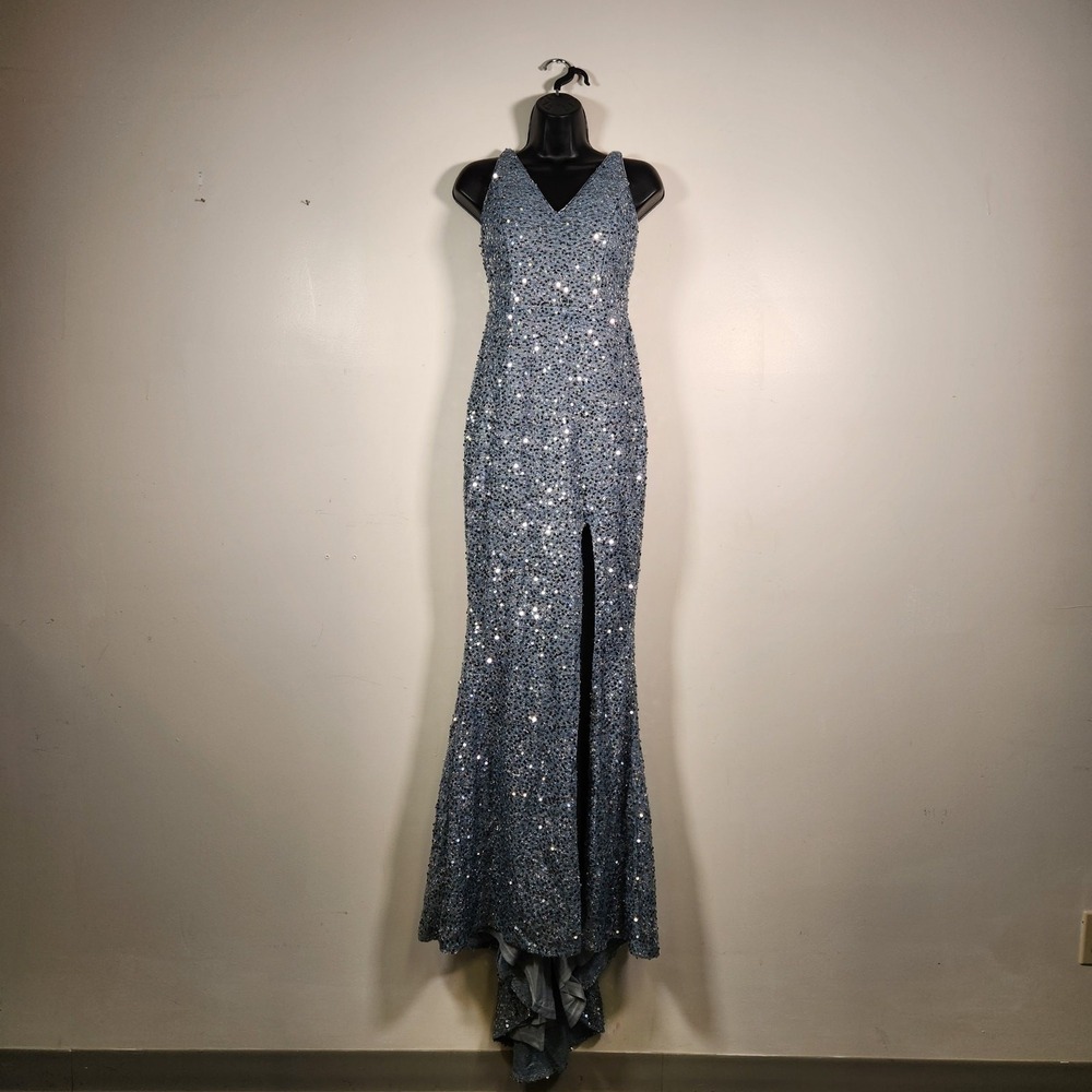 MISS ORD Sequins Mermaid Gown CARTA Womens M Dusty Blue Grey Prom Event Cocktail